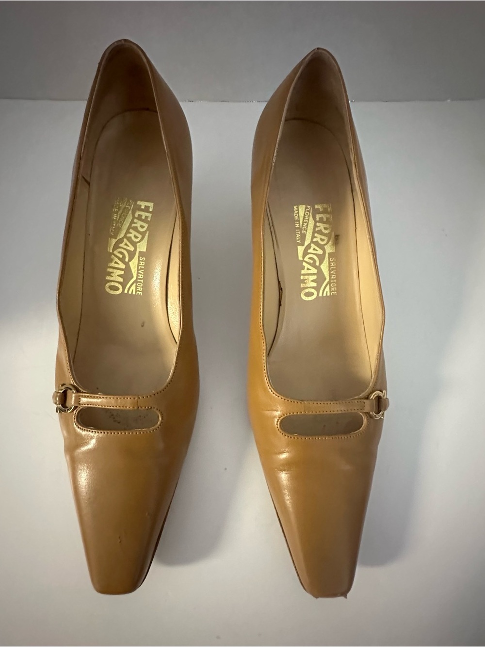Salvatore Ferragamo Camel Leather Square-Toe Pumps with Subtle Buckle